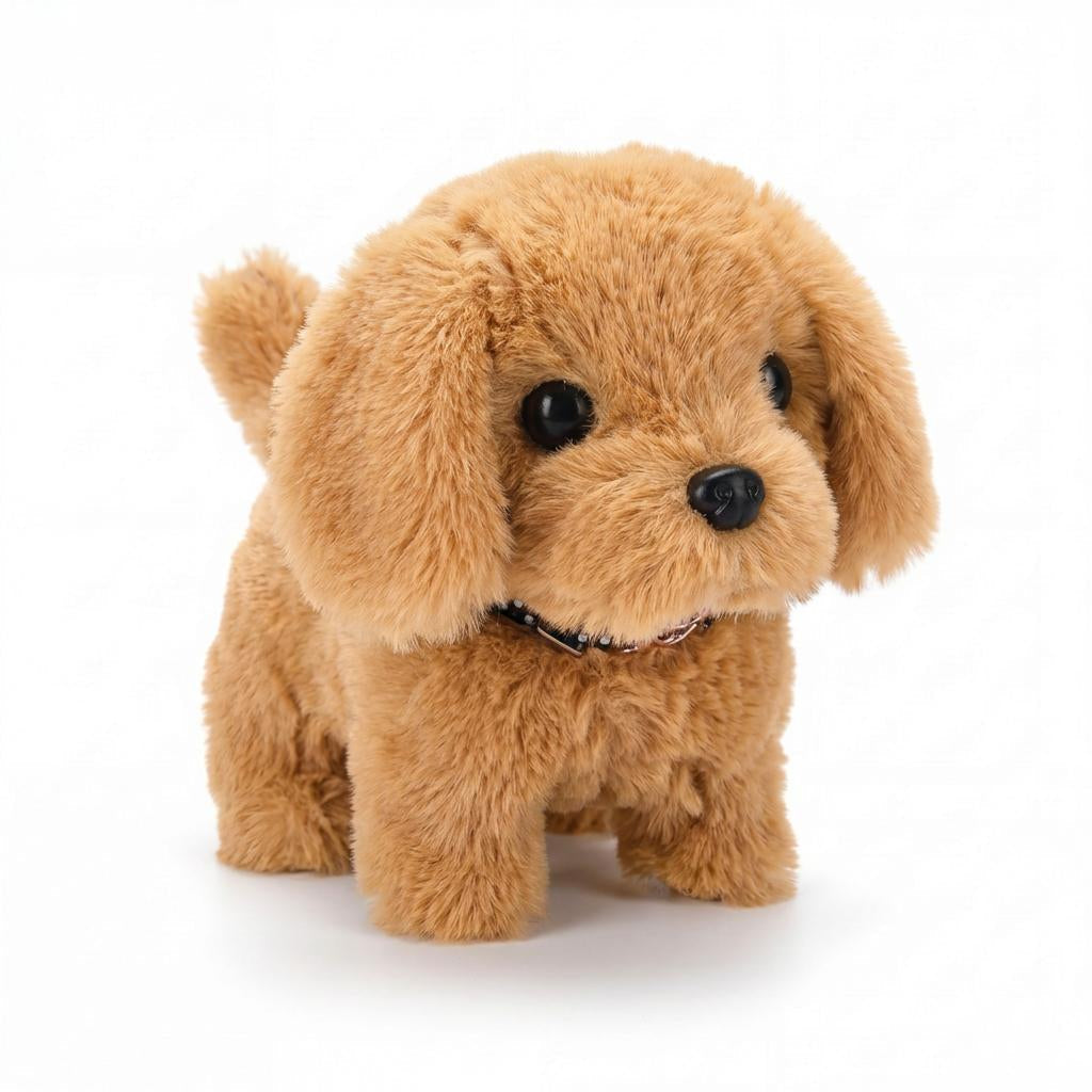 Interactive dog plush toy with soft fur, floppy ears and curled tail