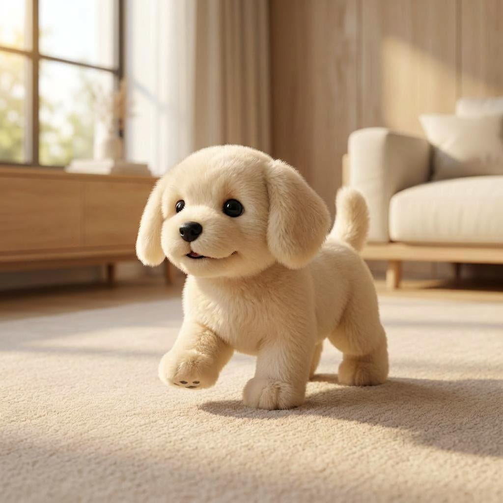 Interactive dog plush toy with soft fur, floppy ears and curled tail