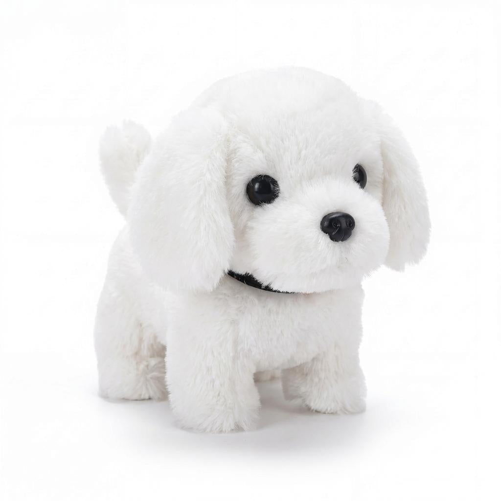 Interactive dog plush toy with soft fur, floppy ears and curled tail