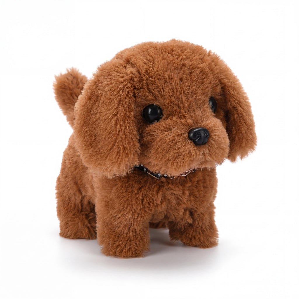 Interactive dog plush toy with soft fur, floppy ears and curled tail