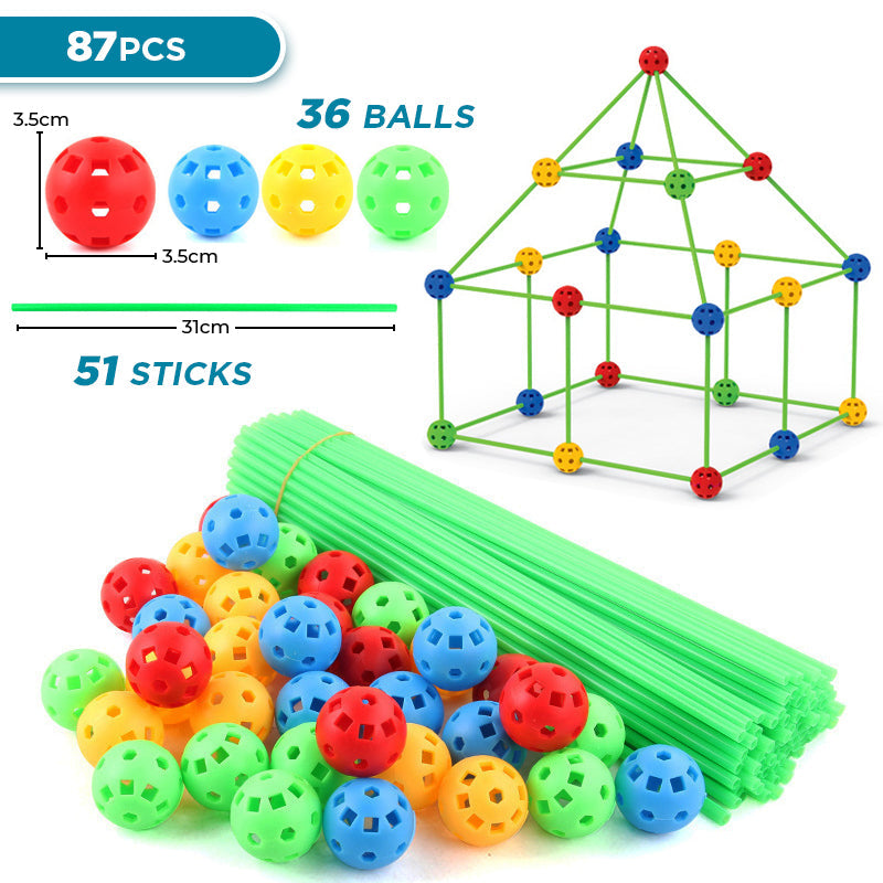 Children's fort building kit with green rods, coloured connectors and blue fabric cover