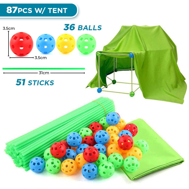 Children's fort building kit with green rods, coloured connectors and blue fabric cover