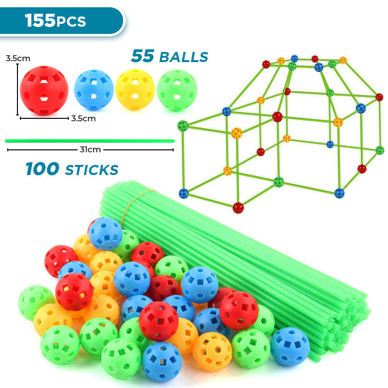 Children's fort building kit with green rods, coloured connectors and blue fabric cover