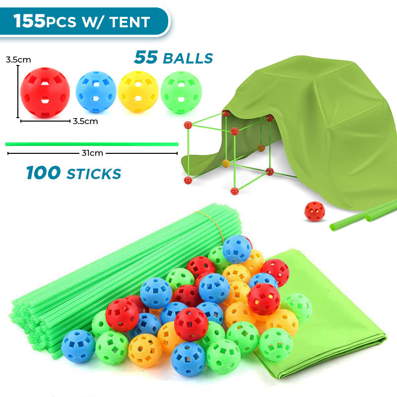 Children's fort building kit with green rods, coloured connectors and blue fabric cover