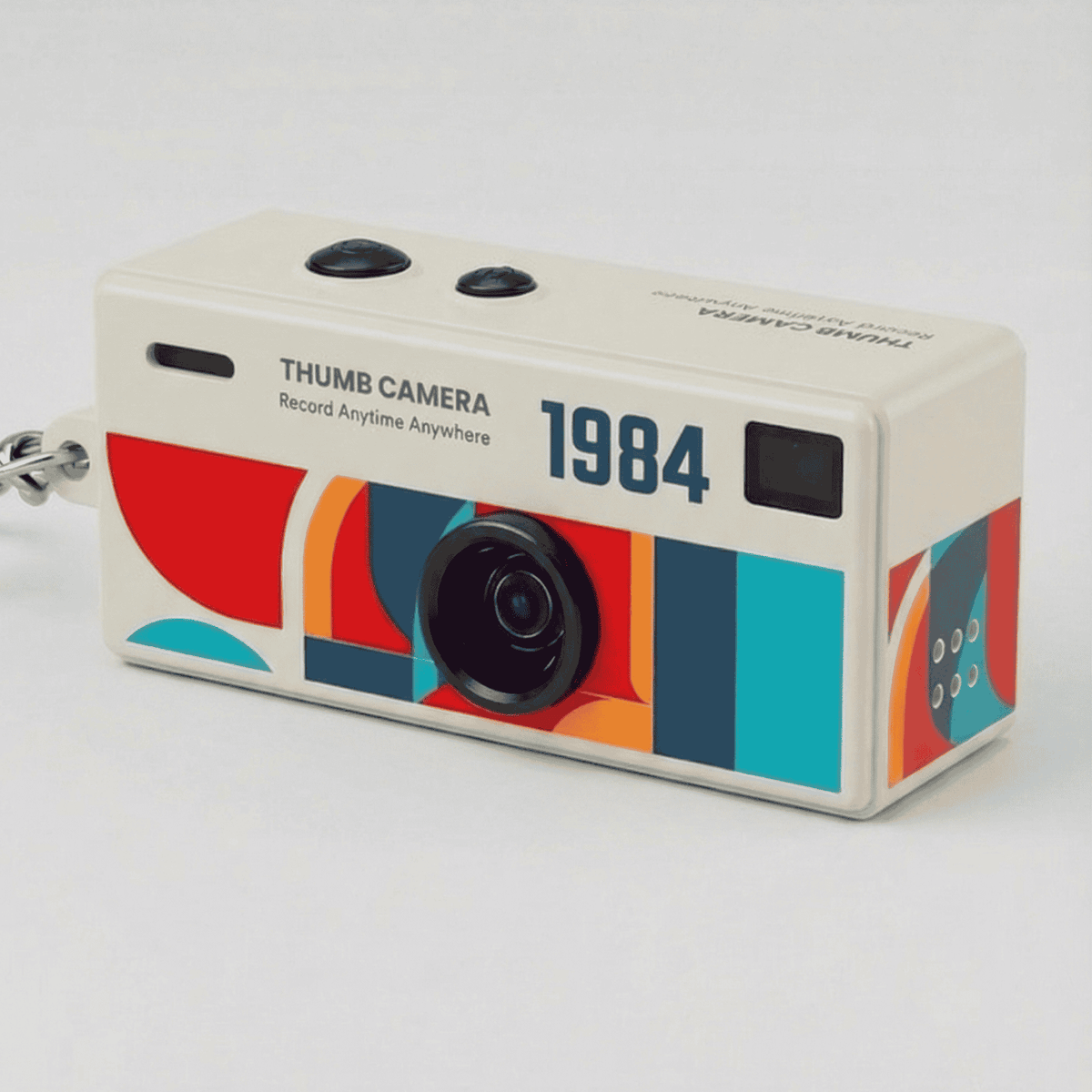 Retro camera-style keychain with front lens detail and metal ring