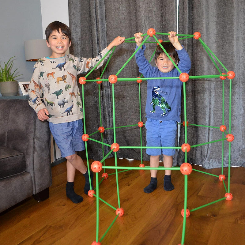 Children's fort building kit with green rods, coloured connectors and blue fabric cover