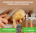 Handheld fruit and vegetable peeler with a metal head and wood-effect handle