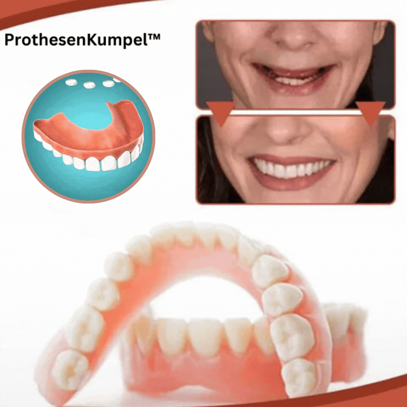 Upper and lower denture set with pink gum sections and white teeth