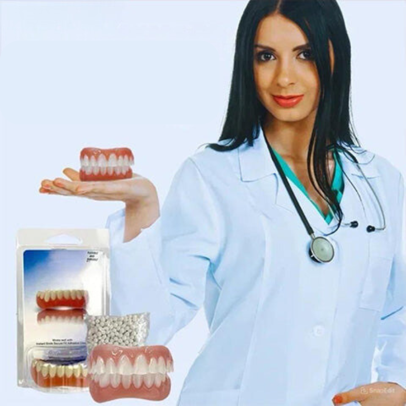 Upper and lower denture set with pink gum sections and white teeth