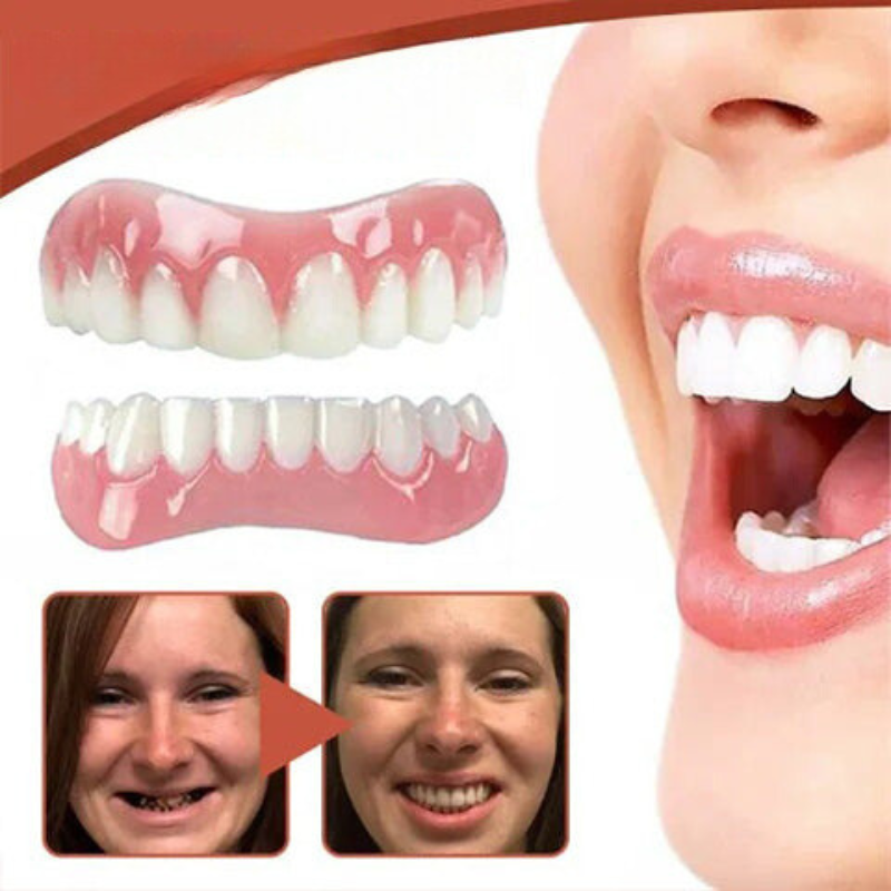 Upper and lower denture set with pink gum sections and white teeth