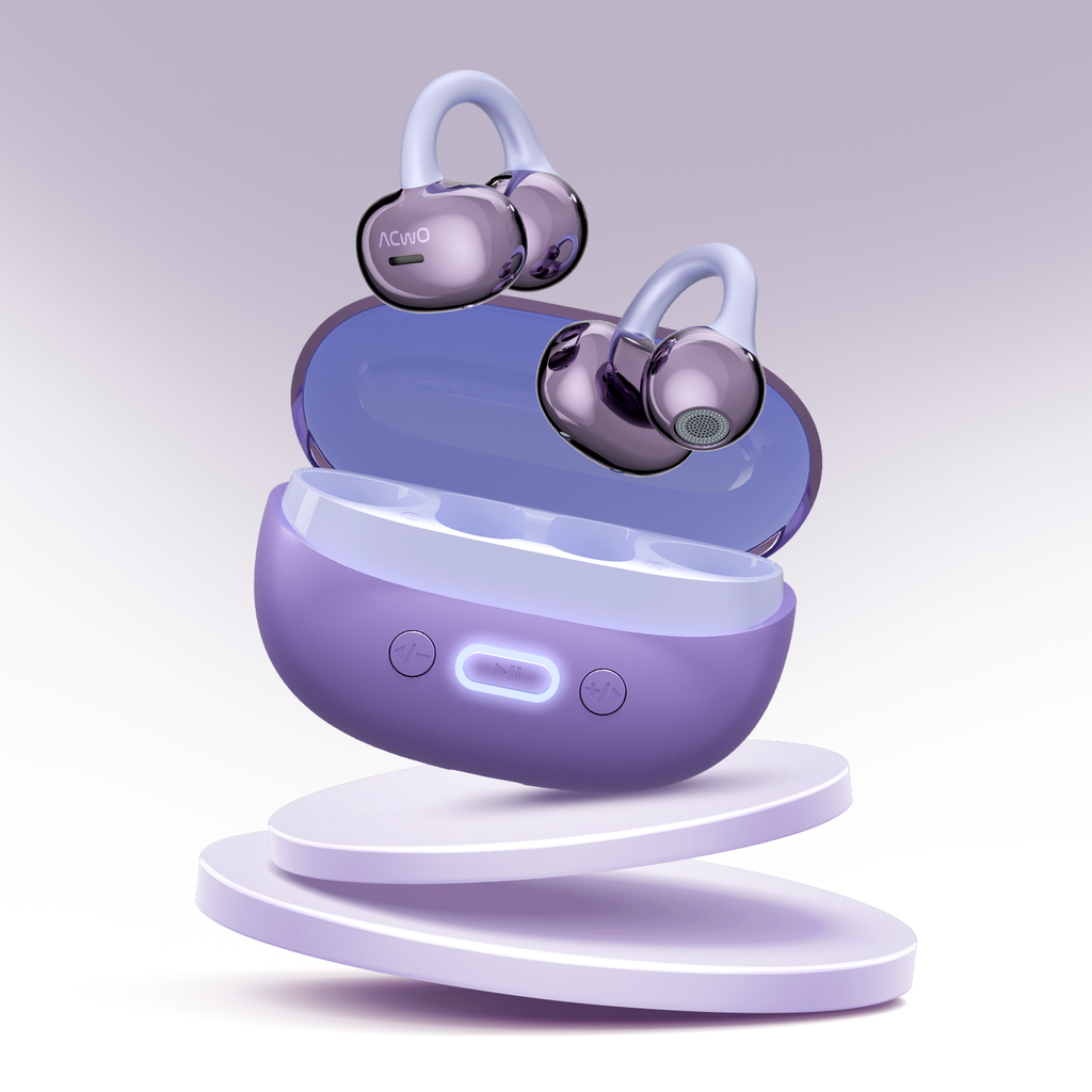 Open ear true wireless earbuds with matching charging case