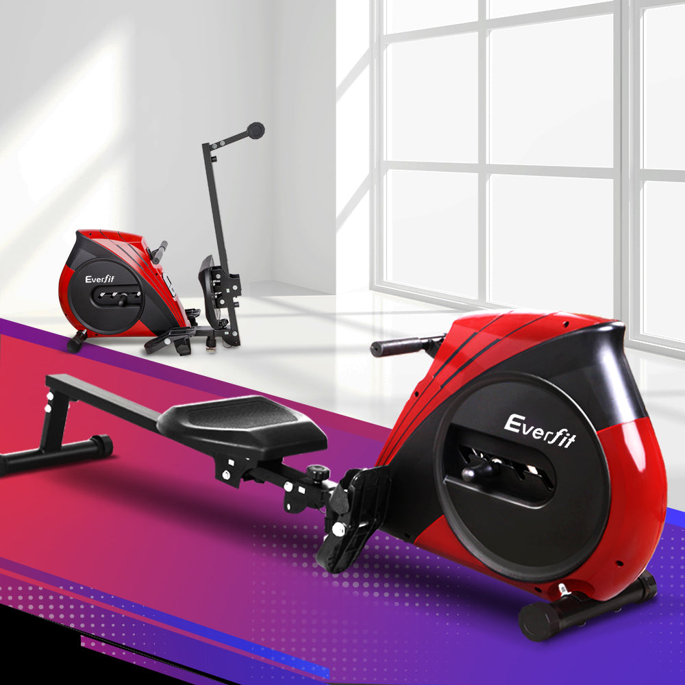Red and black home rowing machine with padded seat and elastic resistance housing