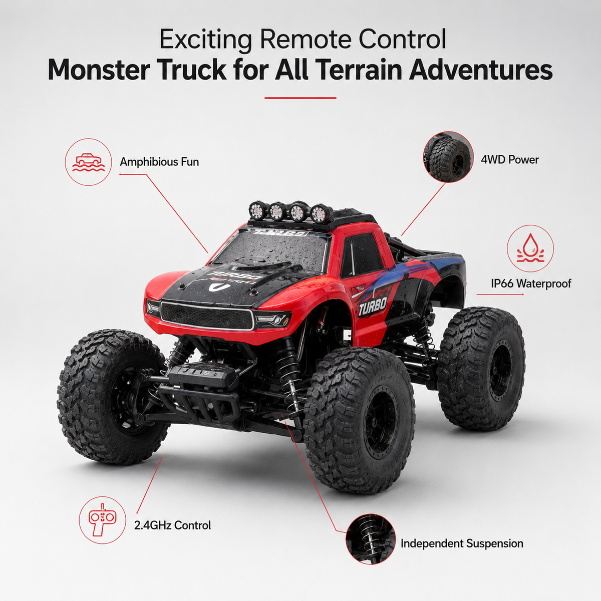 Remote control amphibious monster truck with oversized tyres driving through shallow water