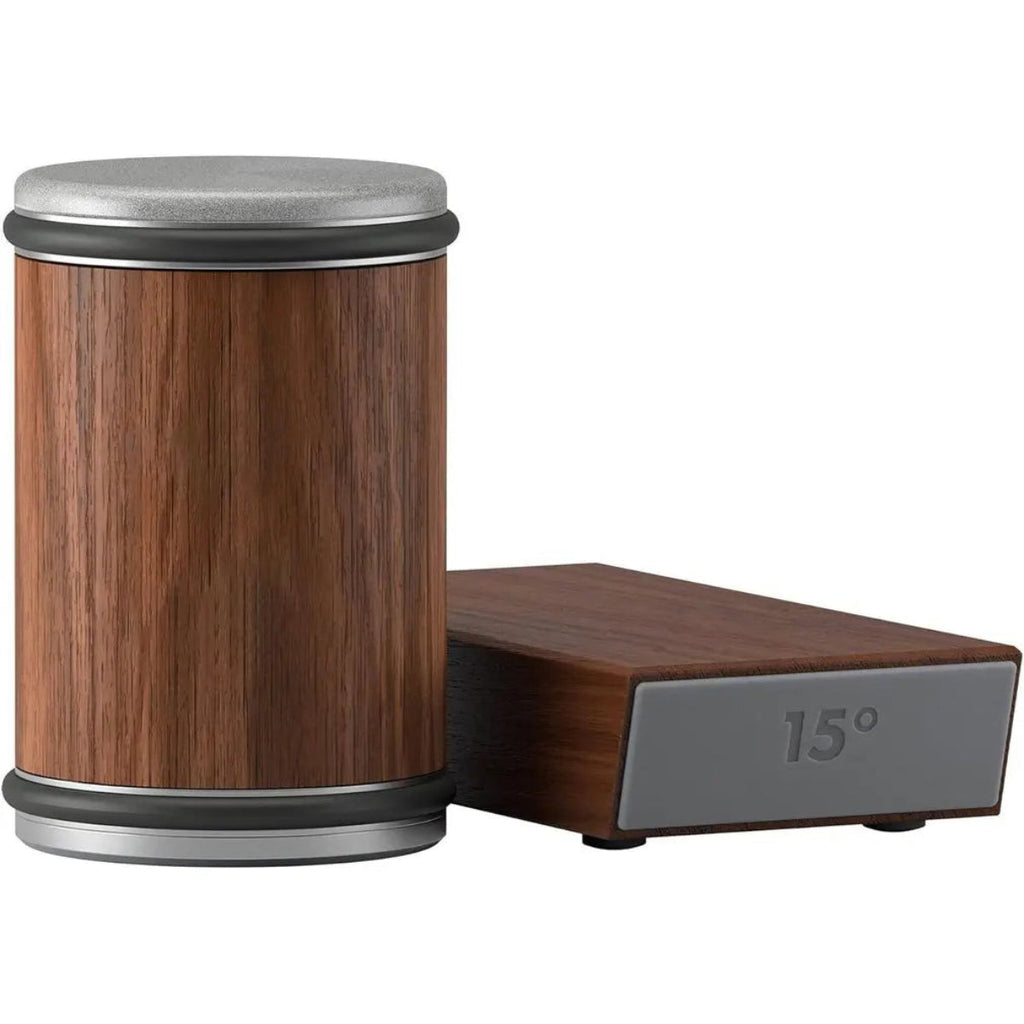 Brown wood-effect rolling knife sharpener with separate 15 degree guide block