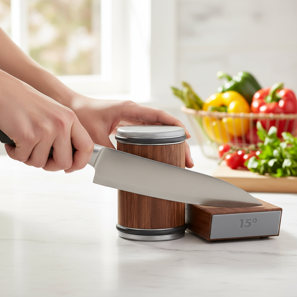 Brown wood-effect rolling knife sharpener with separate 15 degree guide block