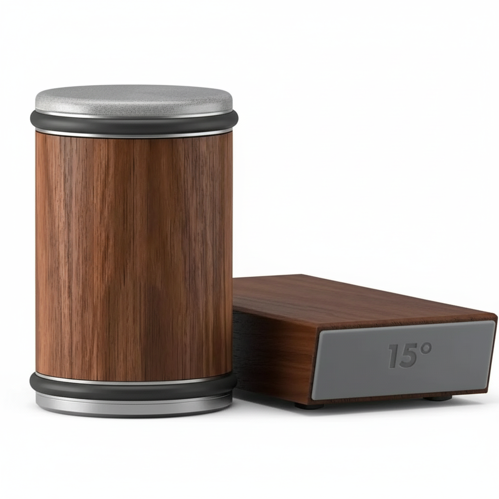 Brown wood-effect rolling knife sharpener with separate 15 degree guide block
