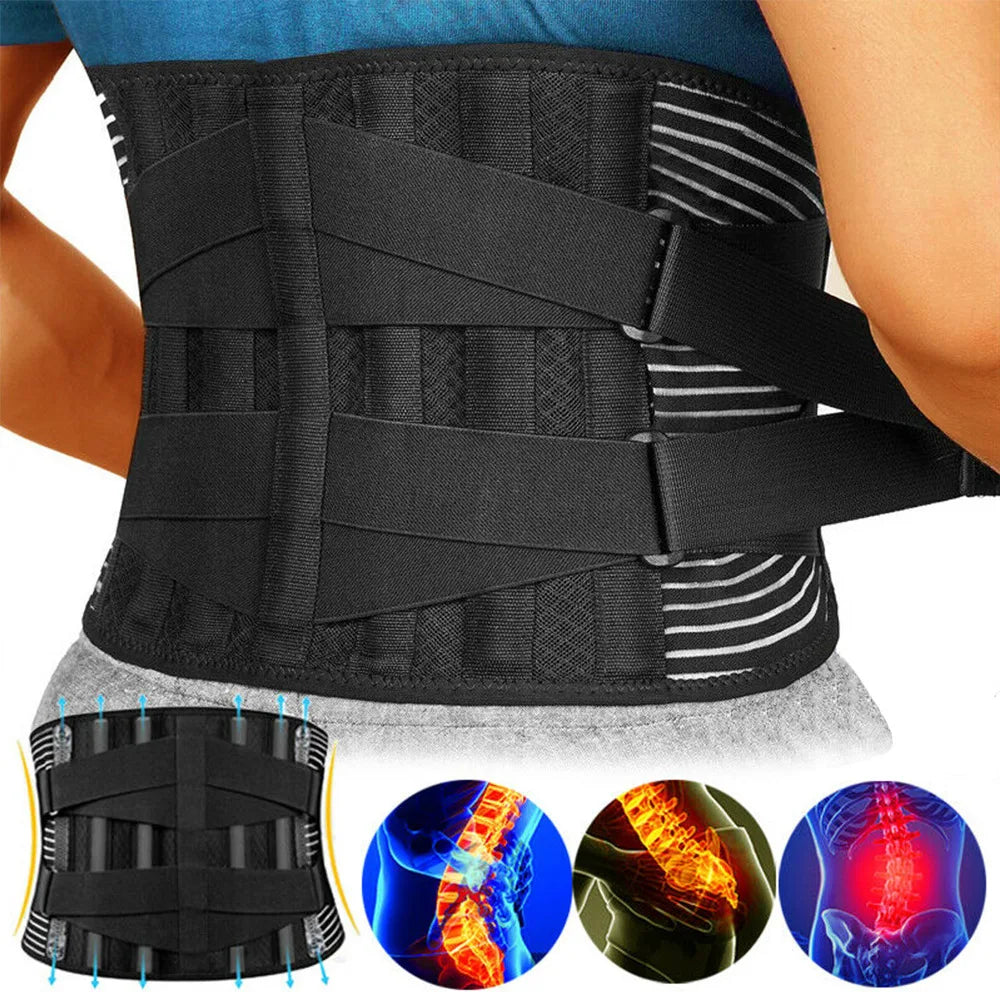 Black lumbar support belt with adjustable front straps and striped side panels