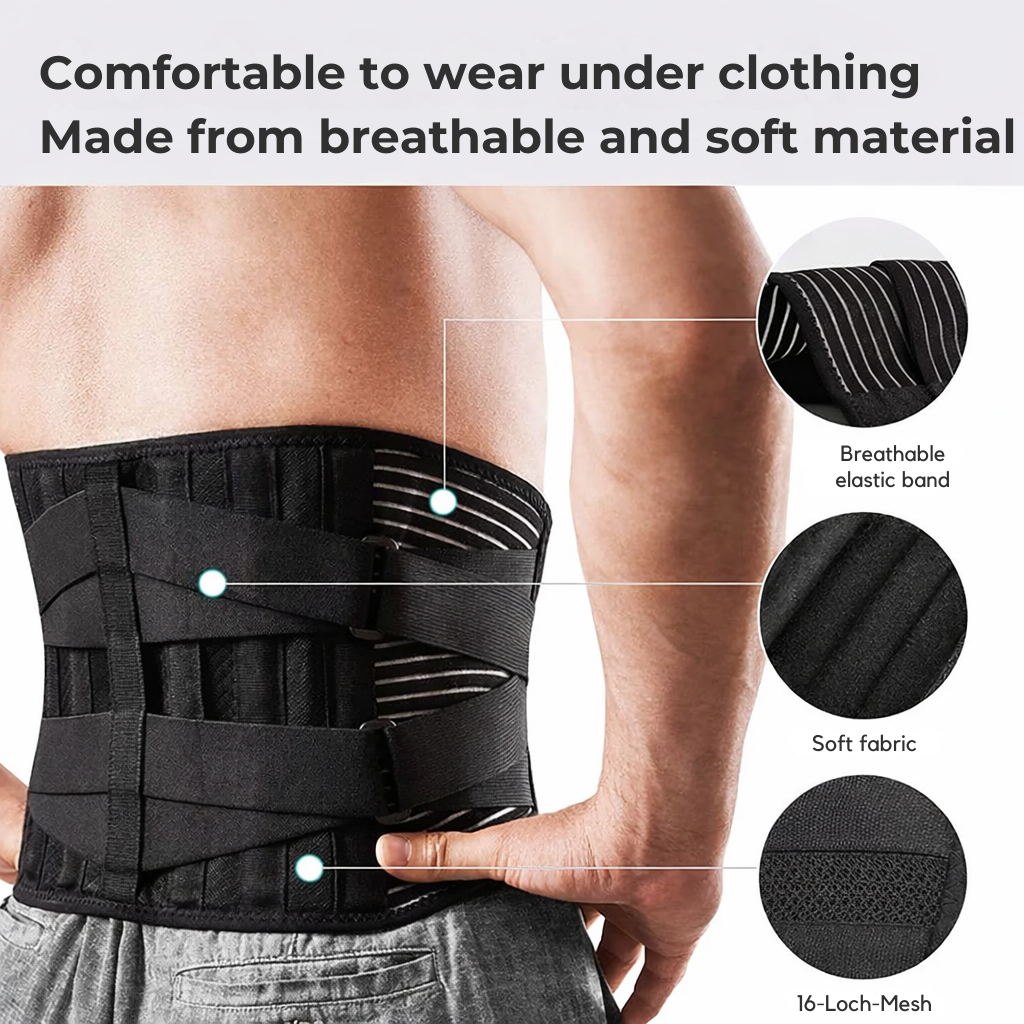 Black lumbar support belt with adjustable front straps and striped side panels