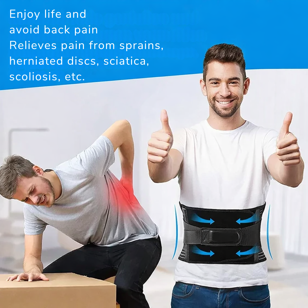 Black lumbar support belt with adjustable front straps and striped side panels