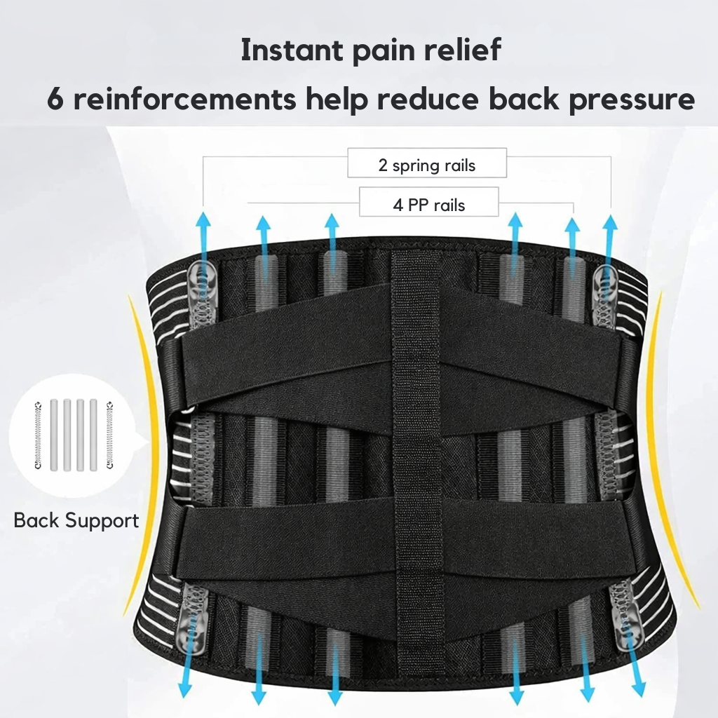 Black lumbar support belt with adjustable front straps and striped side panels