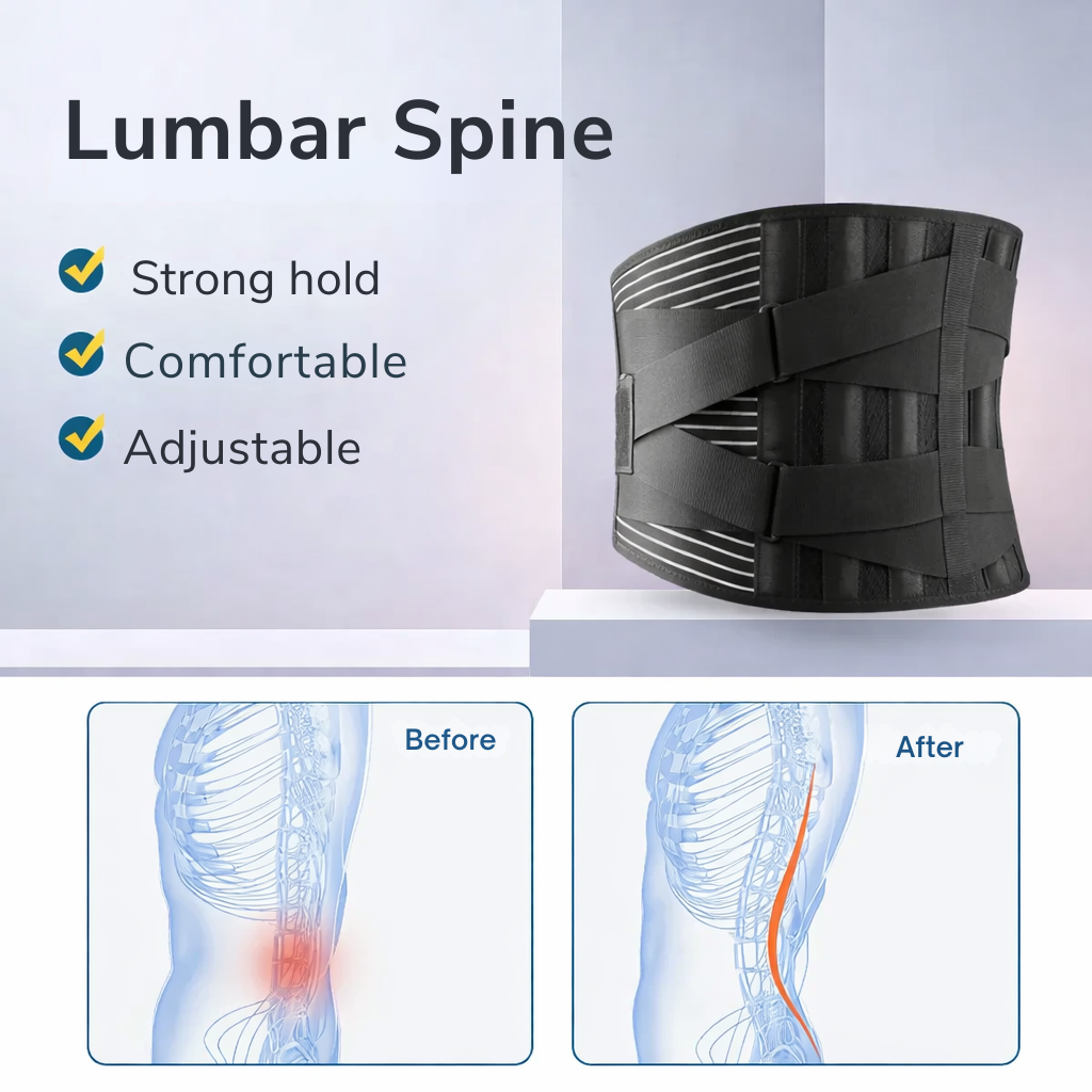 Black lumbar support belt with adjustable front straps and striped side panels
