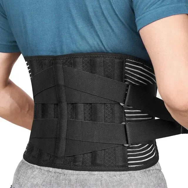 Black lumbar support belt with adjustable front straps and striped side panels