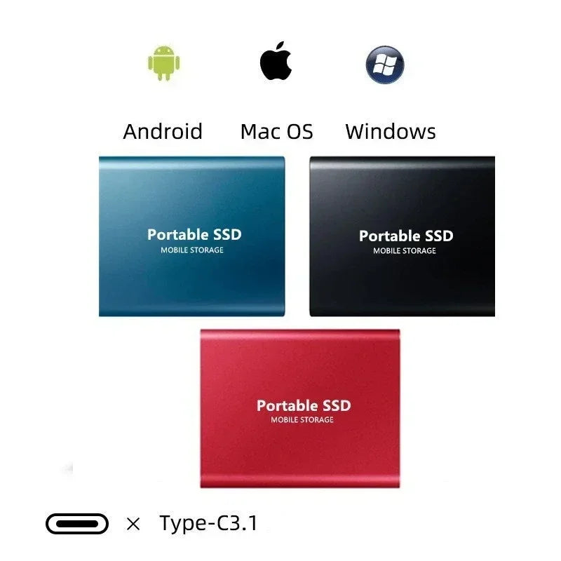 Portable SSD external drive with USB cable beside a laptop