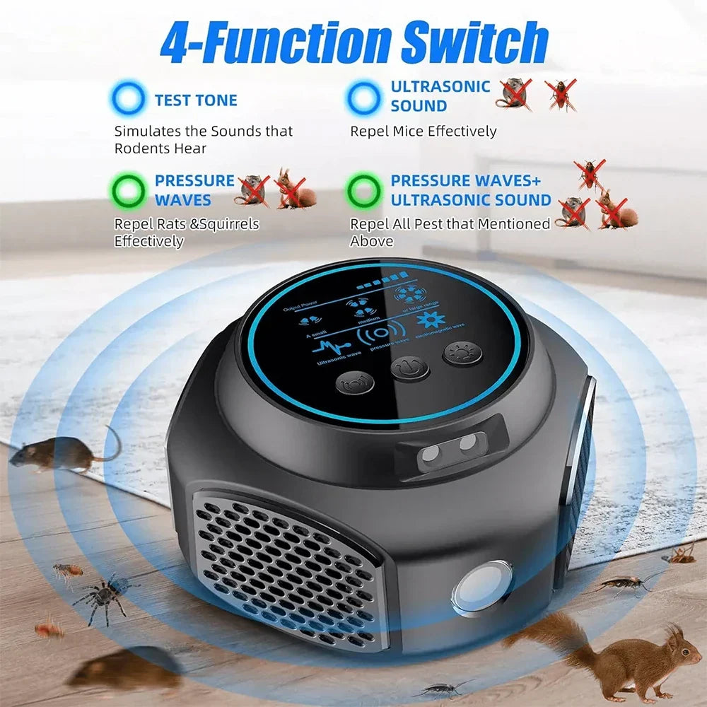 Ultrasonic rodent repeller with speaker grille and top control panel