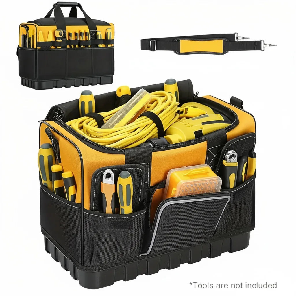 Yellow and black wide-mouth tool bag with molded base and shoulder strap