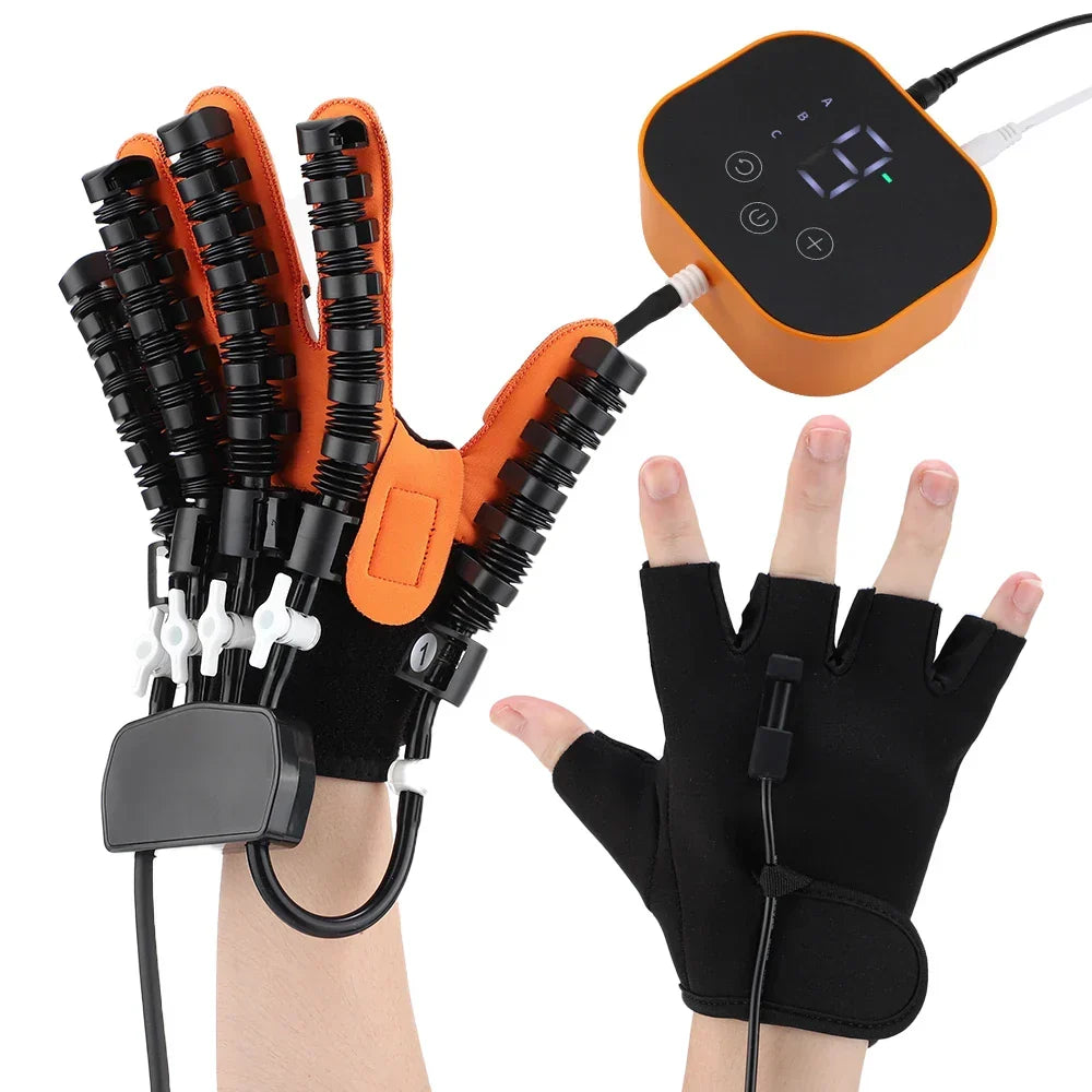 Black and orange electric hand rehabilitation glove with wired control unit
