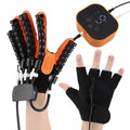 Black and orange electric hand rehabilitation glove with wired control unit