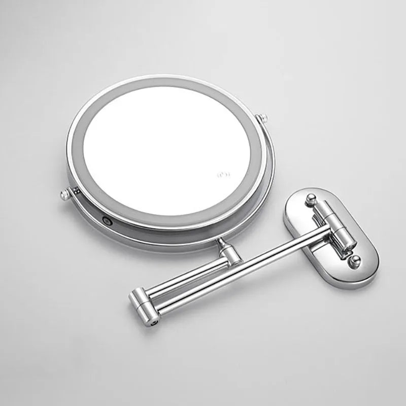 Round wall-mounted makeup mirror with LED light ring and swing arm