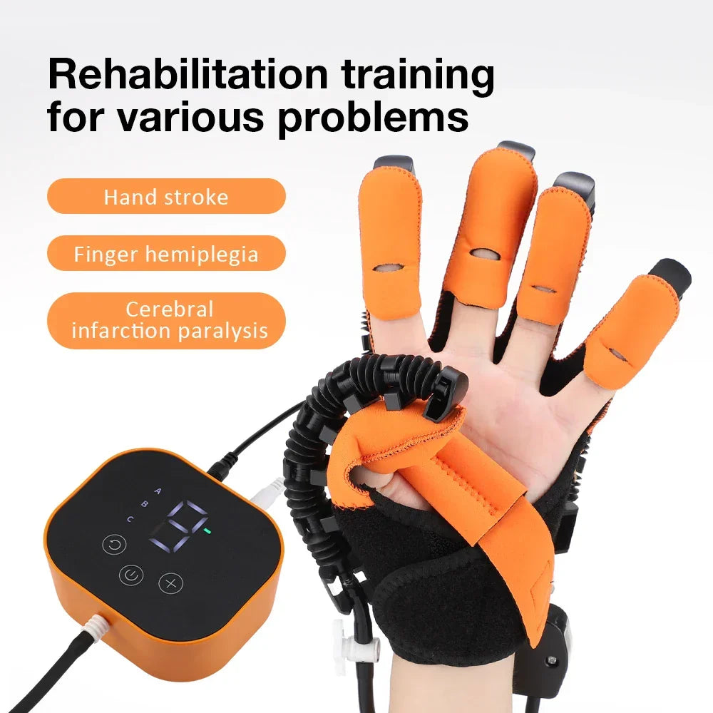 Black and orange electric hand rehabilitation glove with wired control unit