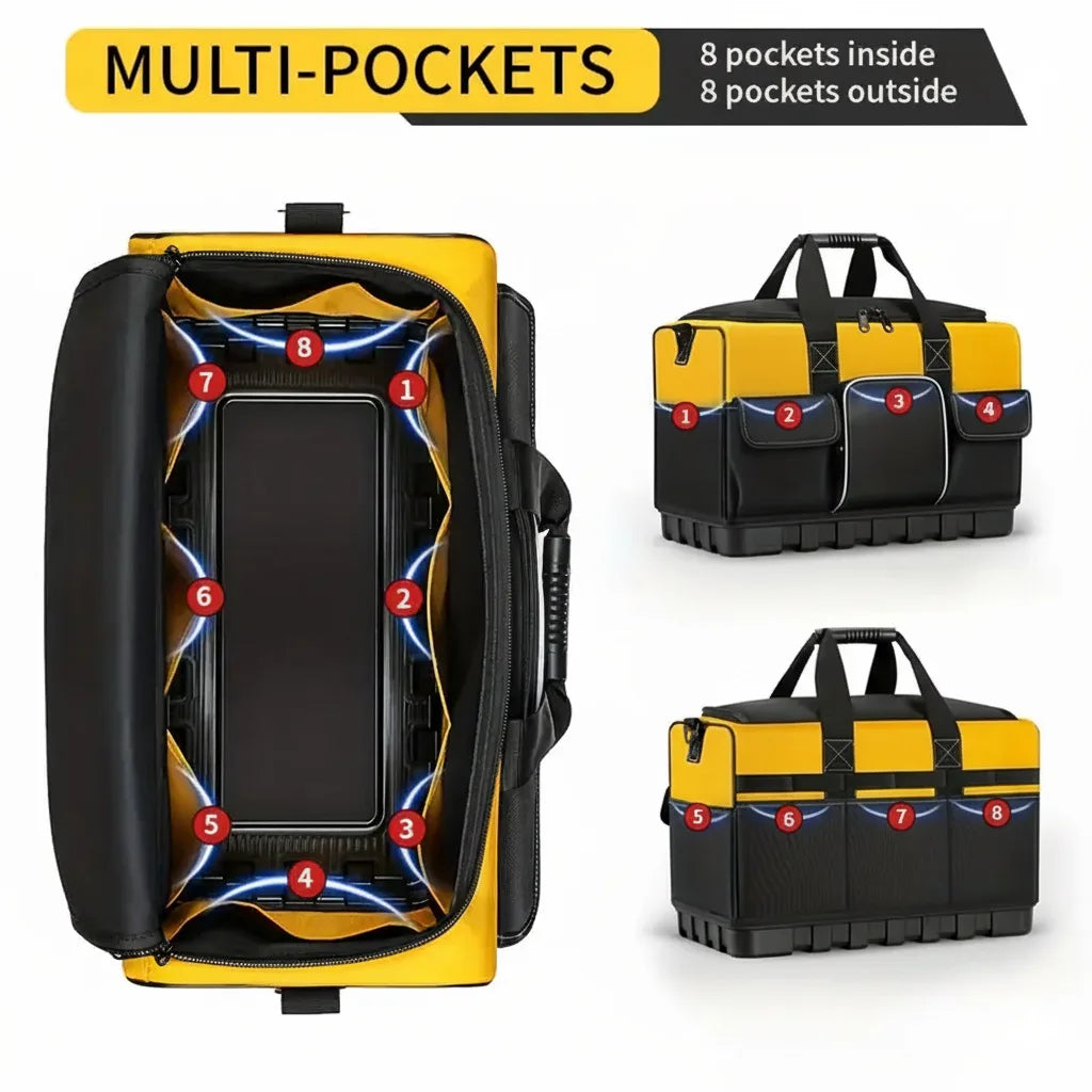 Yellow and black wide-mouth tool bag with molded base and shoulder strap