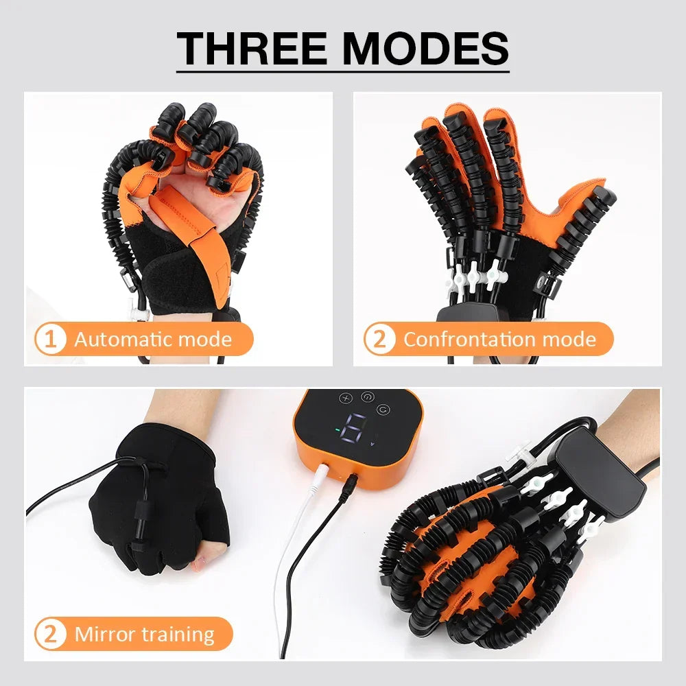 Black and orange electric hand rehabilitation glove with wired control unit