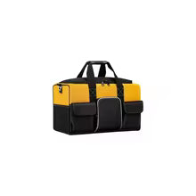 Yellow and black wide-mouth tool bag with molded base and shoulder strap