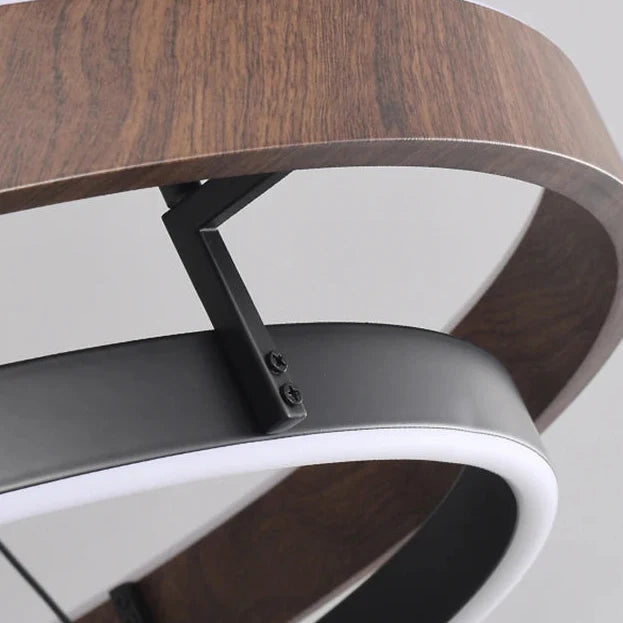 Circular suspended chandelier with wood-effect double rings and illuminated inner ring