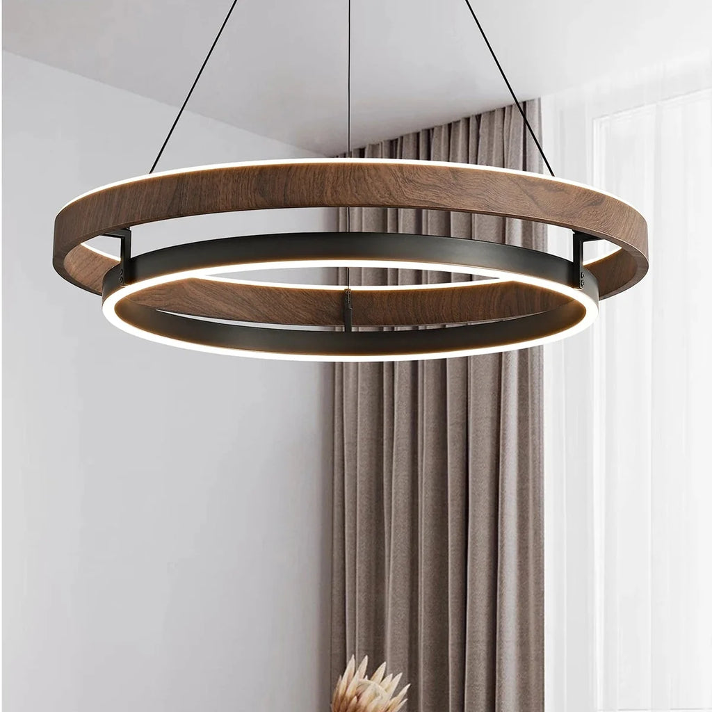 Circular suspended chandelier with wood-effect double rings and illuminated inner ring