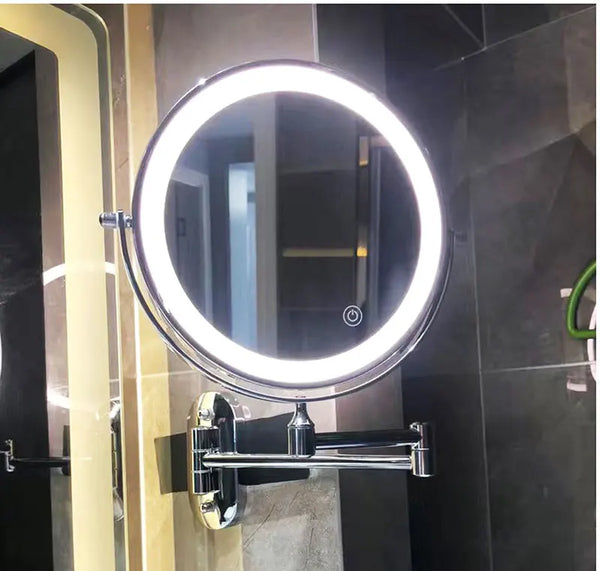 Black wall mounted LED makeup mirror with illuminated rim and adjustable arm