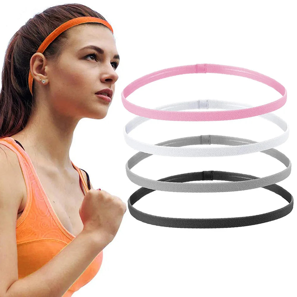 Elastic sports headband with a narrow plain band and joined seam