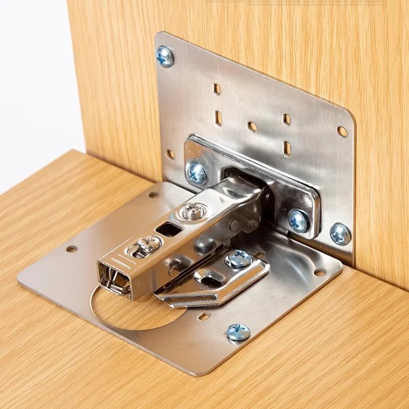 Silver metal furniture hinge repair plates with matching screws