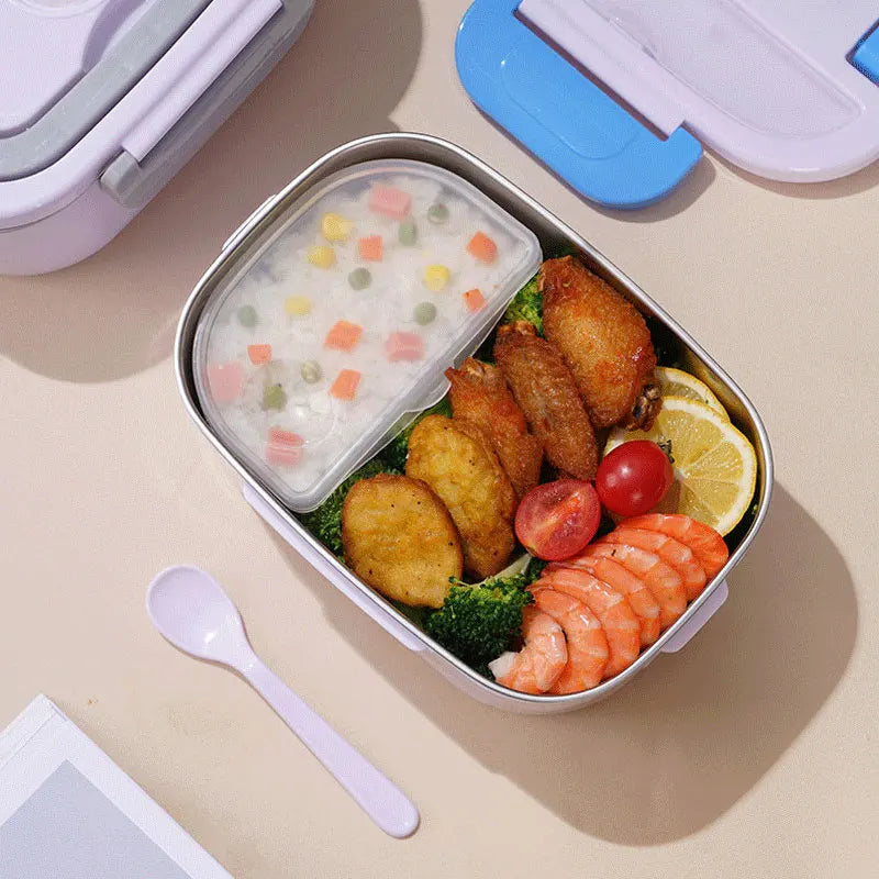 Gray and teal electric lunch box food warmer with carry bag, utensils and power cables
