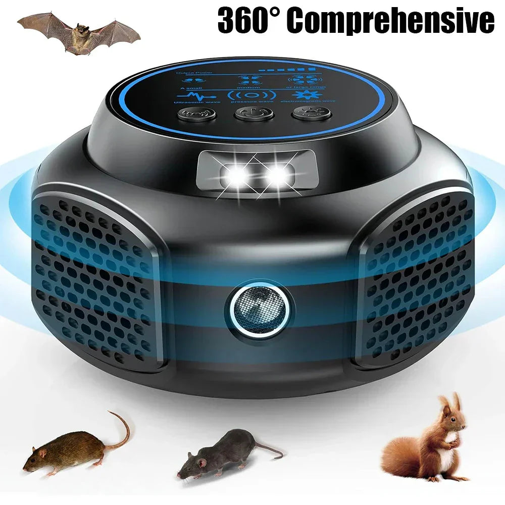 Ultrasonic rodent repeller with speaker grille and top control panel