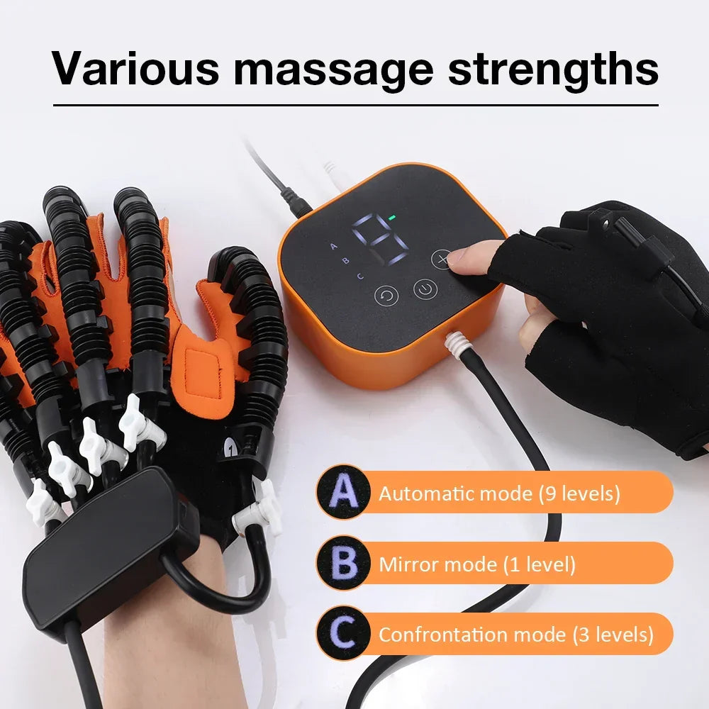 Black and orange electric hand rehabilitation glove with wired control unit