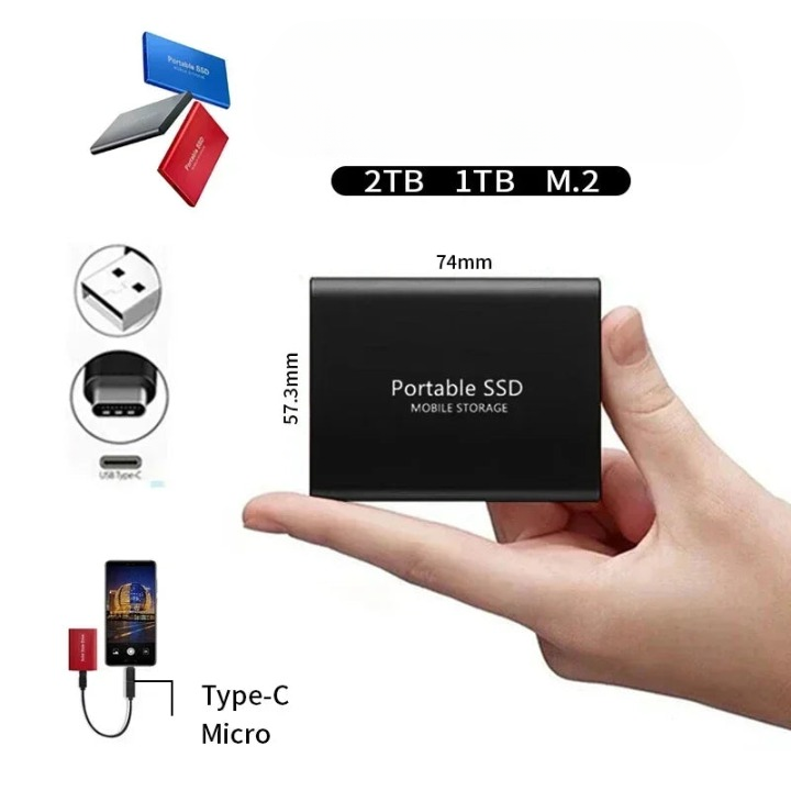 Portable 2TB external SSD with connection cable