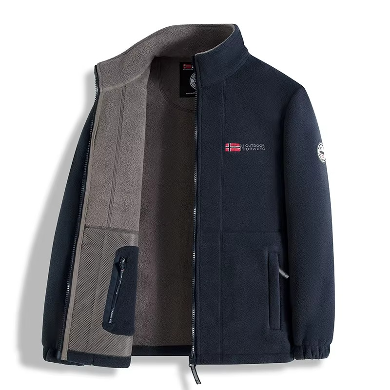 Full-zip textured fleece jacket with stand collar and front pockets