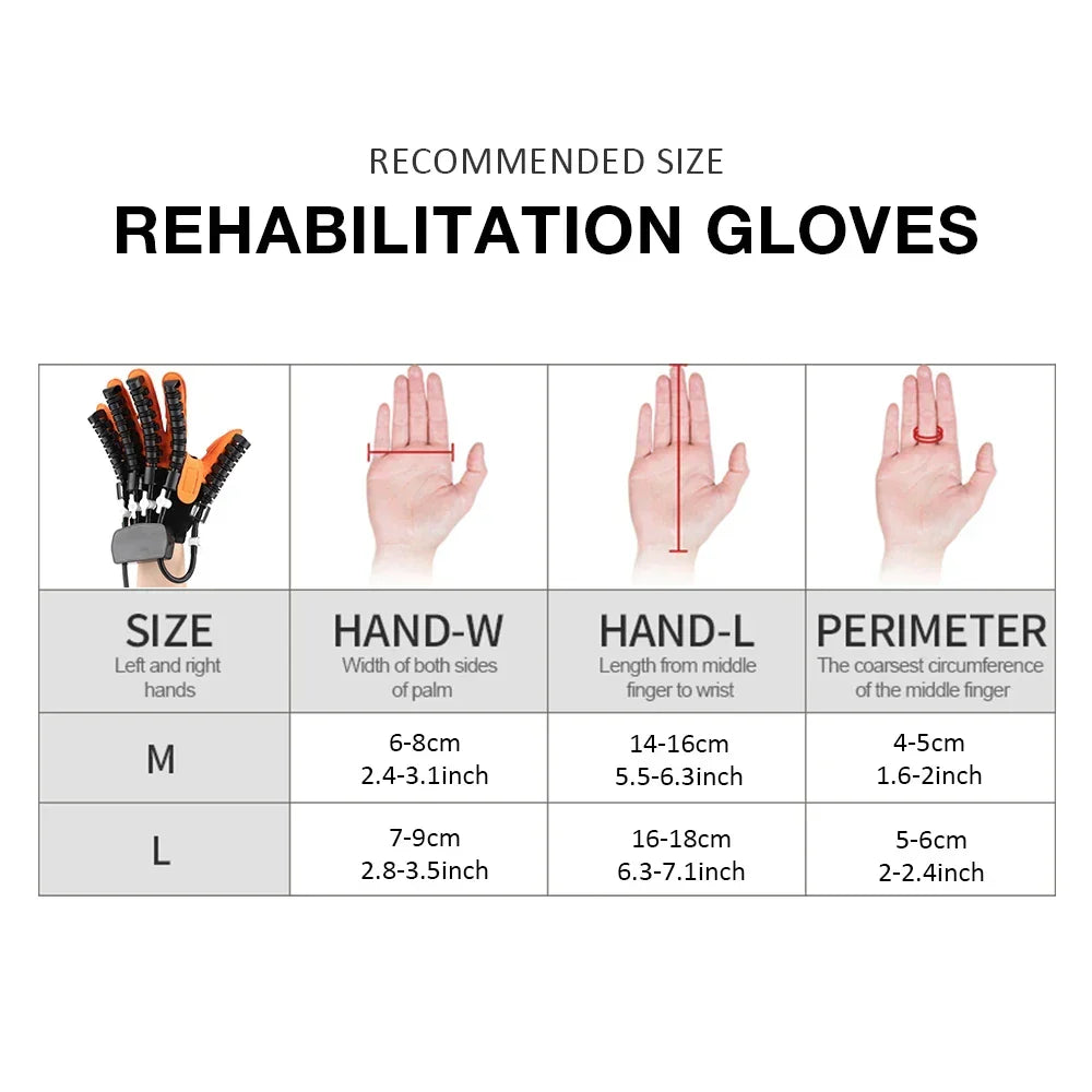 Black and orange electric hand rehabilitation glove with wired control unit