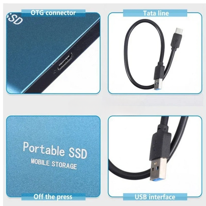 Portable 2TB external SSD with connection cable