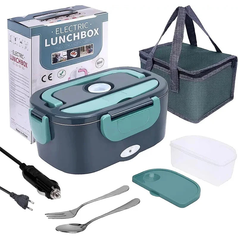 Gray and teal electric lunch box food warmer with carry bag, utensils and power cables