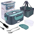 Gray and teal electric lunch box food warmer with carry bag, utensils and power cables